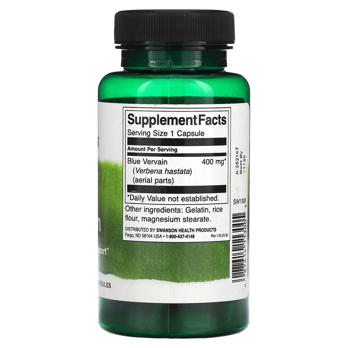 Green supplement bottle with label on a white background