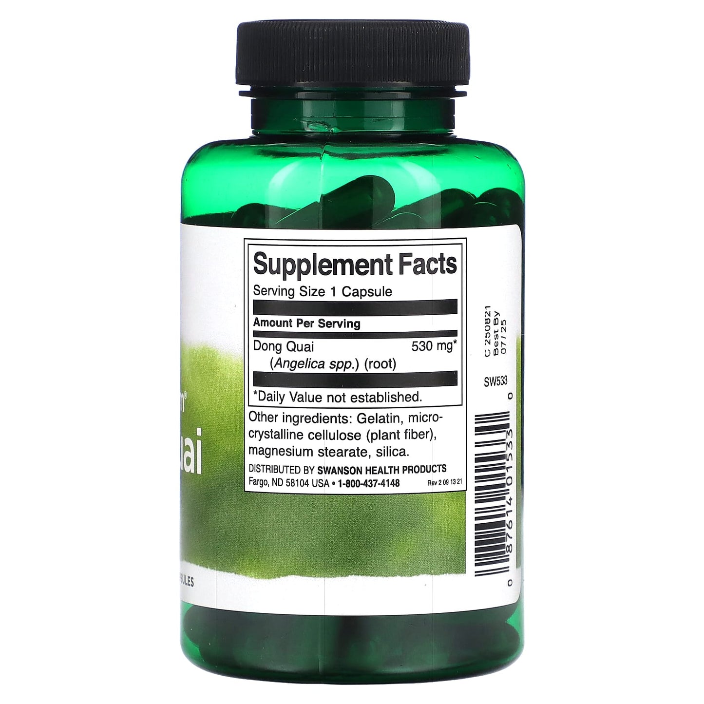 Green supplement bottle with label on a white background