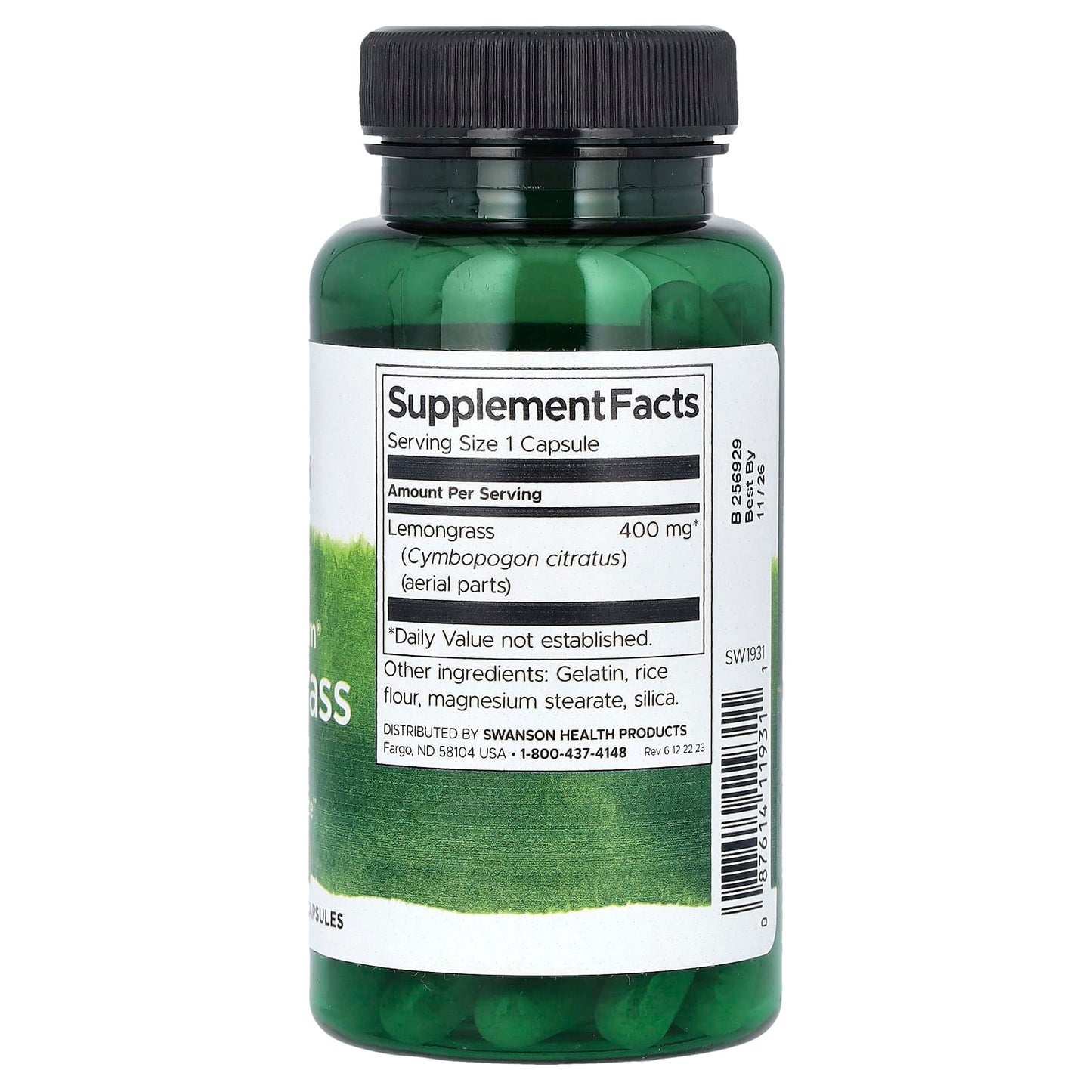 Green supplement bottle with label on a white background