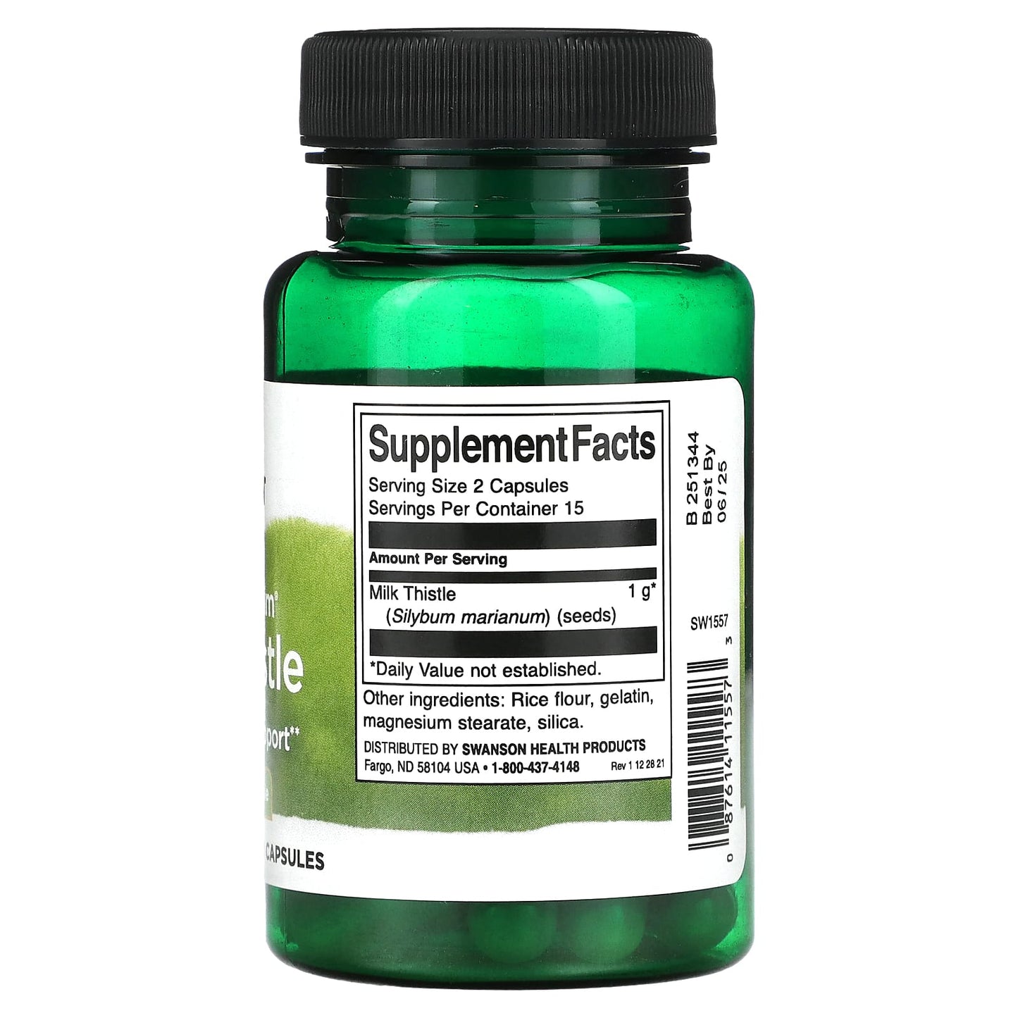 Green supplement bottle with label on a white background