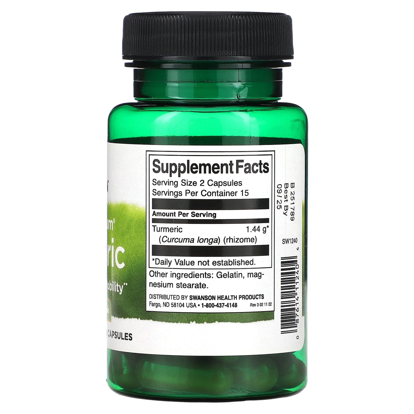 Green supplement bottle with label on a white background