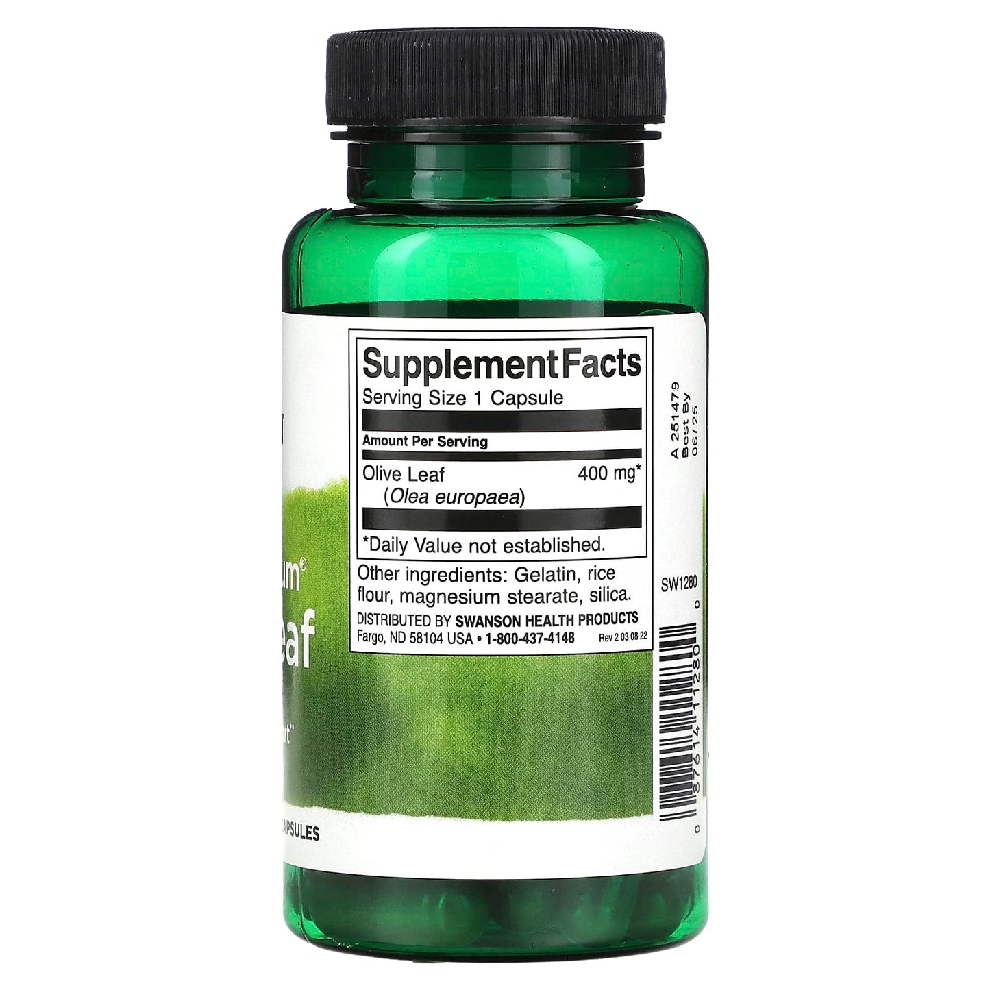 Green supplement bottle with label on a white background