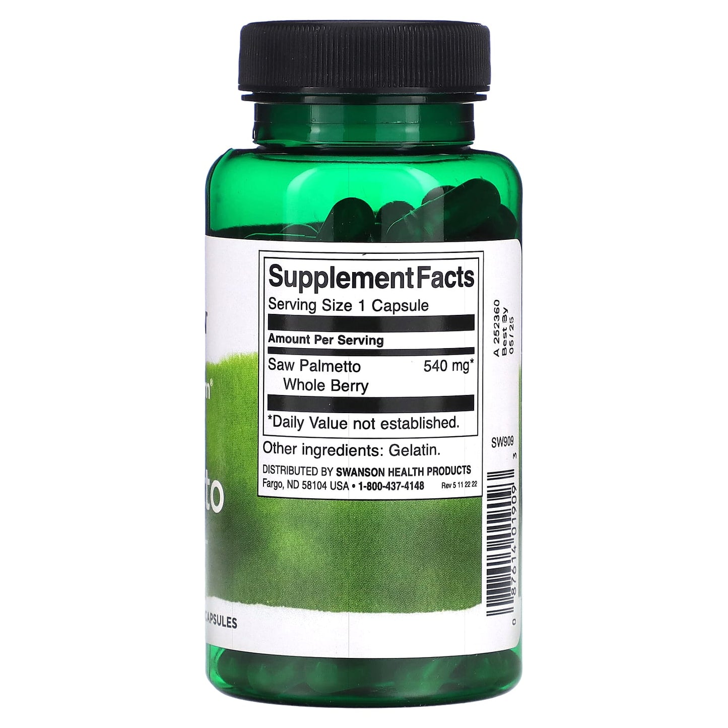 Green supplement bottle with label on a white background