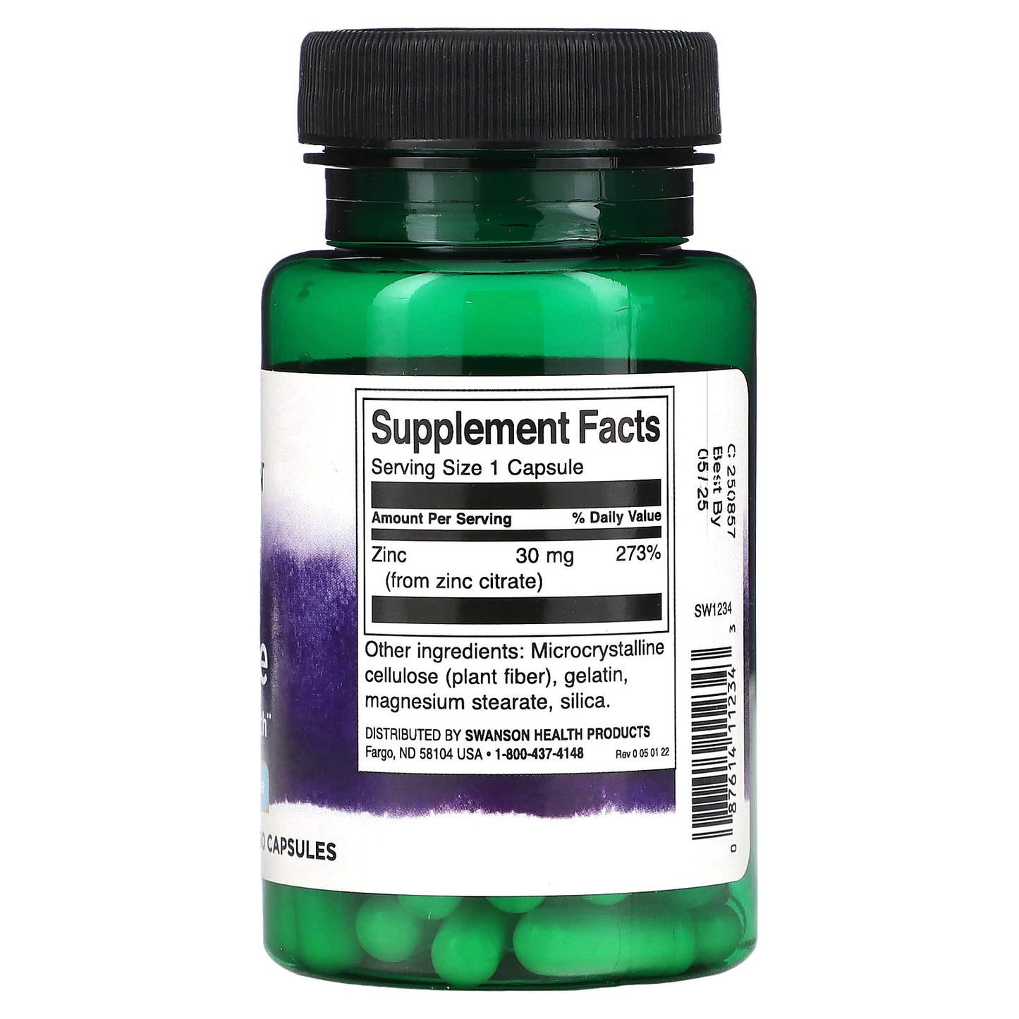 Green supplement bottle with black cap and white label displaying supplement facts on a white background