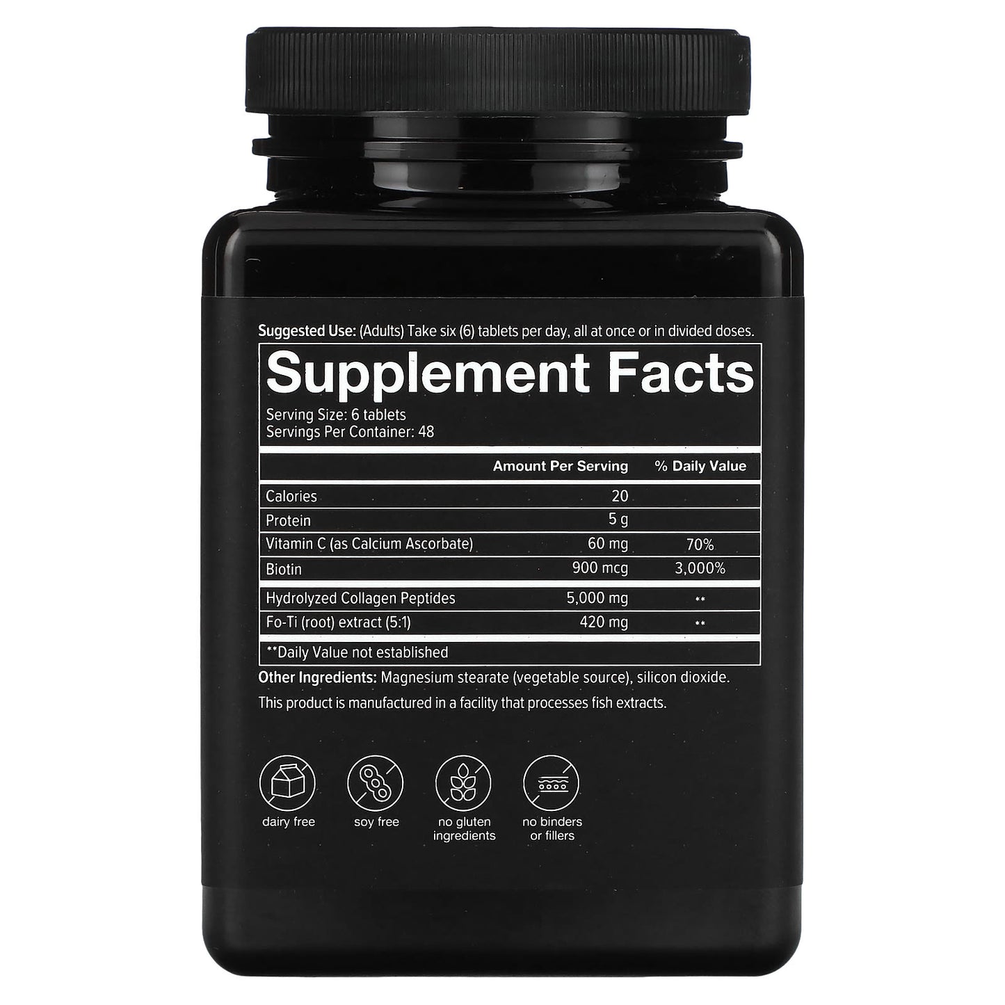 Supplement bottle with black label displaying 'Supplement Facts' on a white background