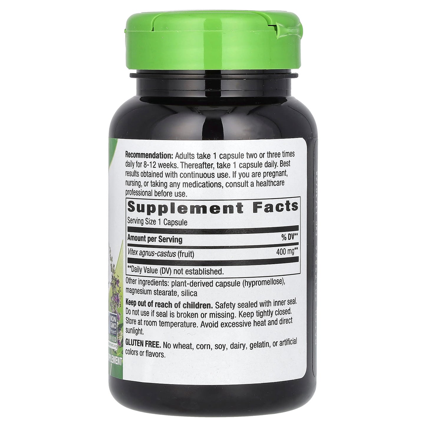 Supplement bottle with green cap and label on a white background