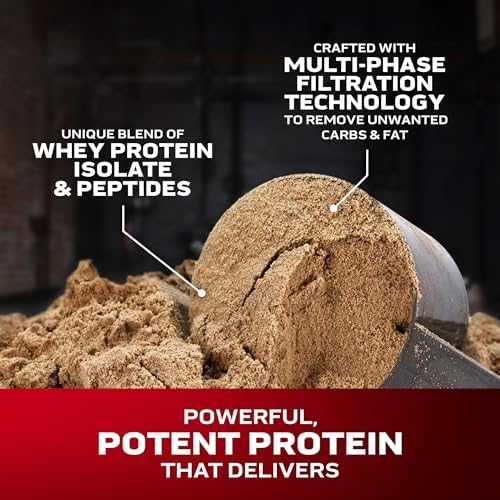 Protein powder with text highlighting features like whey protein isolate, filtration technology, and potency. Muscletech Nitro Tech Whey Protein