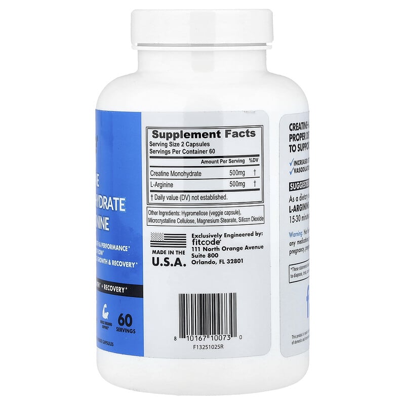 fitcode, Creatine Monohydrate plus L-Arginine, 120 Veggie Capsules