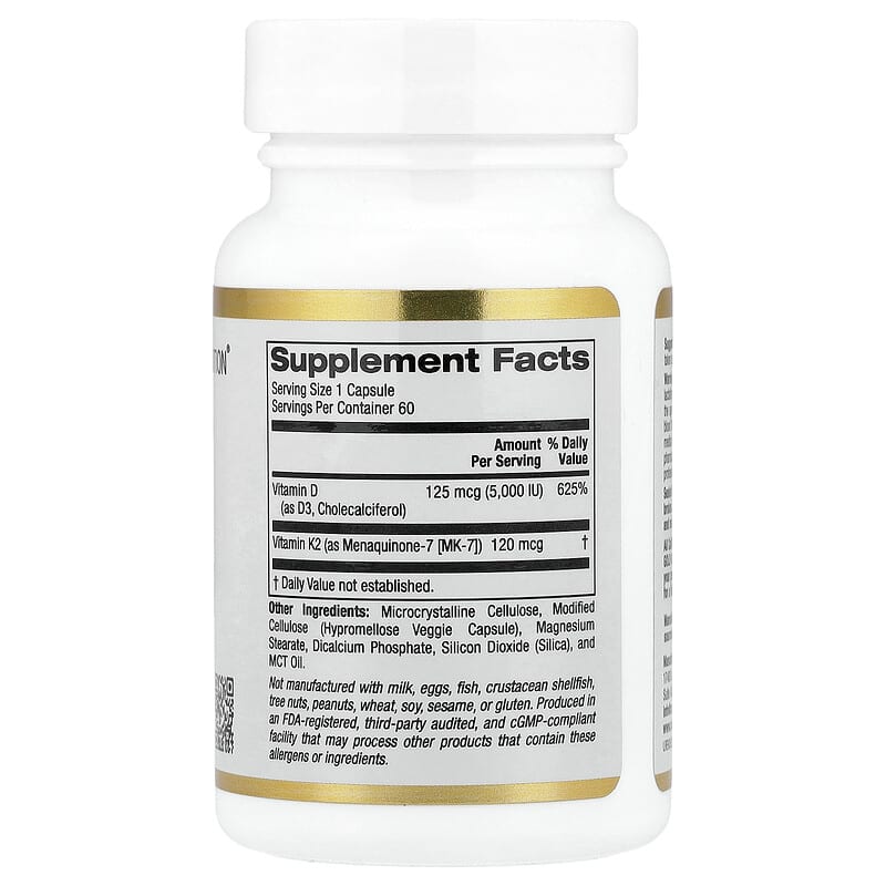 California Gold Nutrition, Vitamine D3 + K2 sous forme de MK-7, 60 capsules végétales