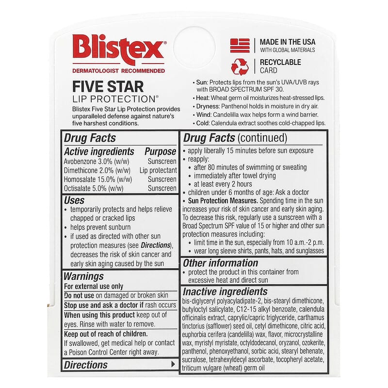 Blistex, Five Star Lip Protection®, Lip Protectant Sunscreen, SPF 30,