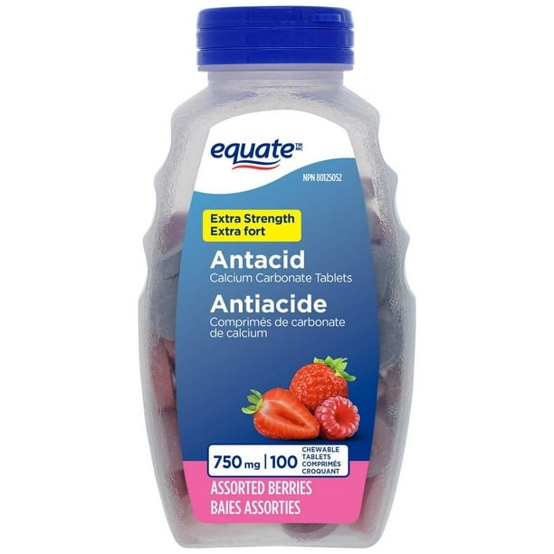 Equate Extra Strength Antacid Calcium Carbonate Tablets, 100 Chewable assorted berries