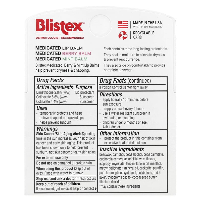 Blistex, Medicated Lip Balm, SPF 15, Mint, Berry, Classic , 3 Pack, 0.15 oz (4.25 g) Each