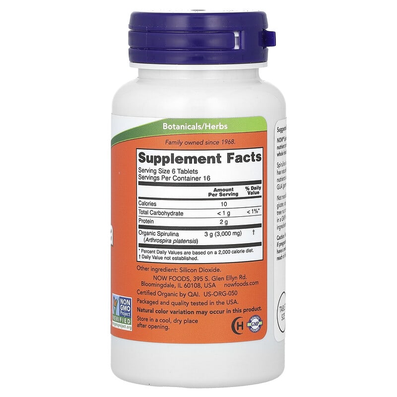 NOW Foods, Certified Organic Spirulina, 500 mg, 100 Tablets