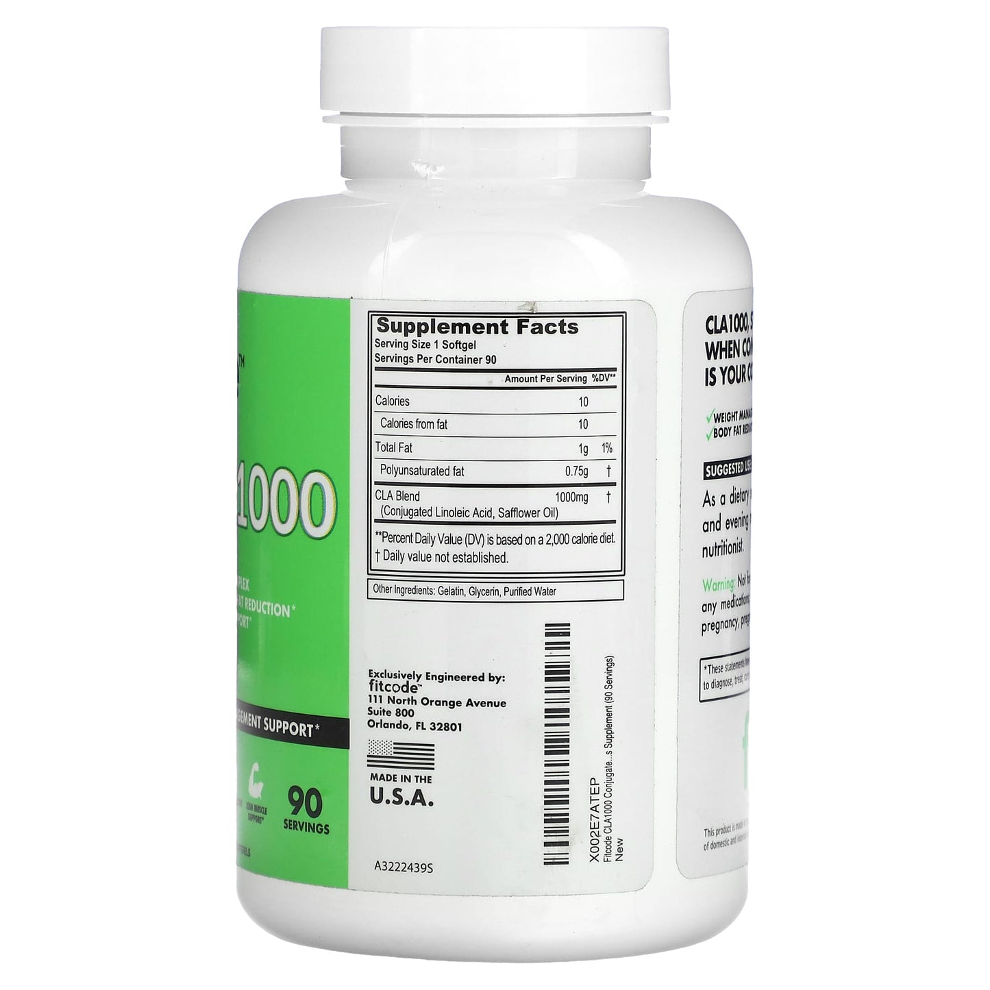 fitcode, CLA1000, 1 000 mg, 90 capsules molles pour le contrôle du poids