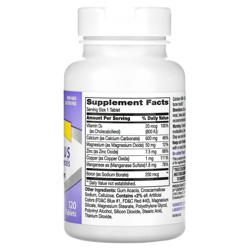 Supplement bottle labeled '21st Century 600+D3 Plus Minerals' on a white background