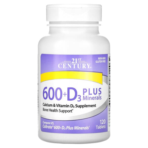 Supplement bottle labeled '21st Century 600+D3 Plus Minerals' on a white background