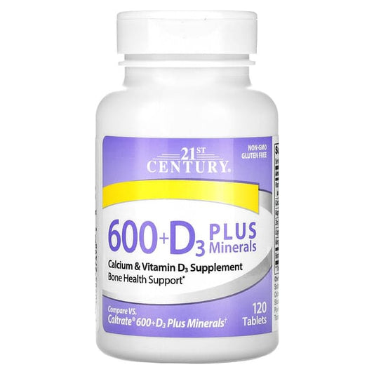 Supplement bottle labeled '21st Century 600+D3 Plus Minerals' on a white background