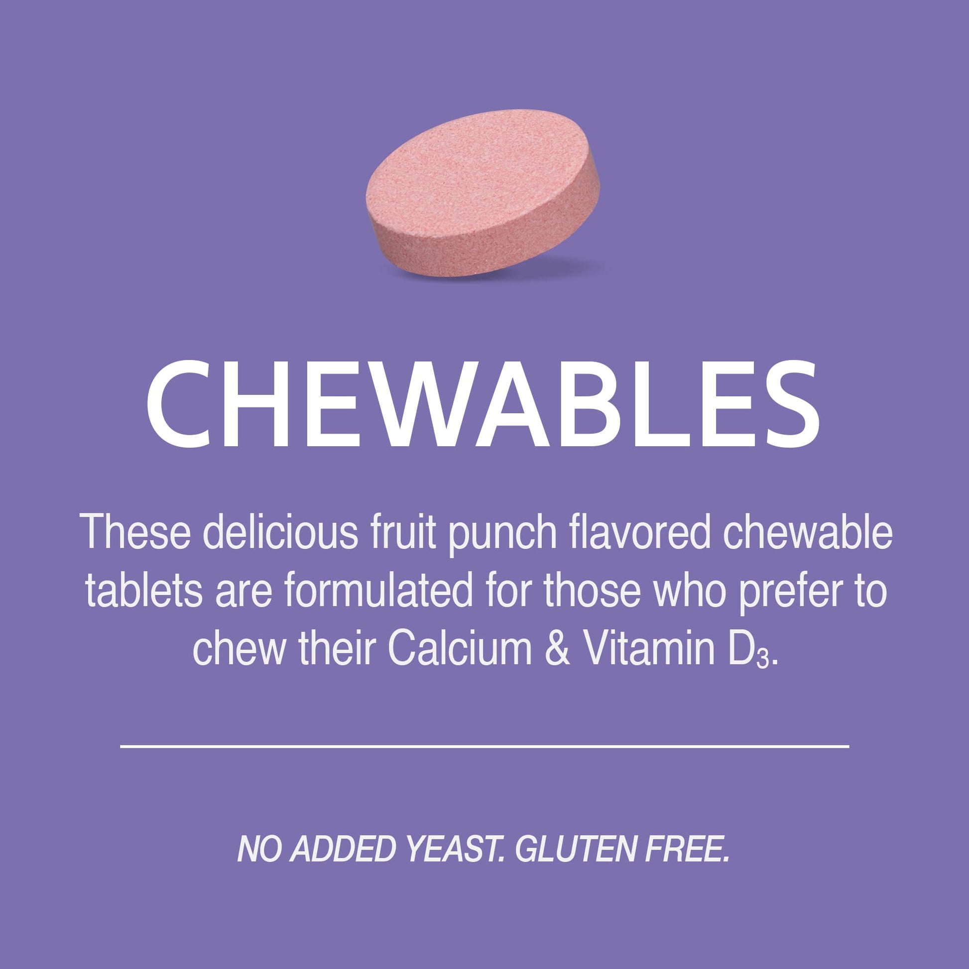 Pink chewable tablet on a purple background with text about the product.