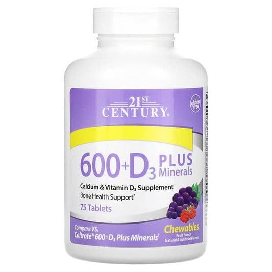 Vitamin supplement bottle labeled '21st Century 600+D3 Plus Minerals' on a white background