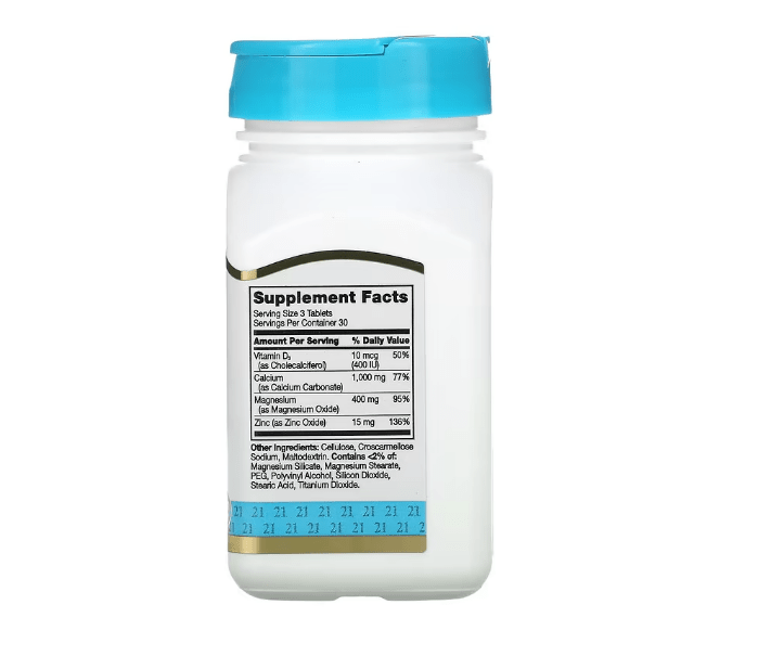 Supplement bottle with a blue cap and label on a white background