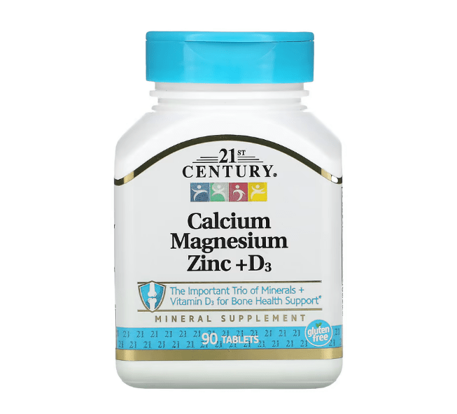 Supplement bottle labeled '21st Century Calcium Magnesium Zinc + D3' on a white background