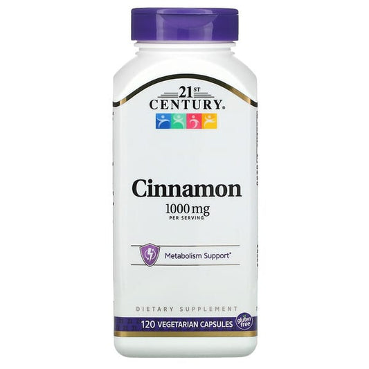 Supplement bottle labeled '21st Century Cinnamon 1000 mg' on a white background
