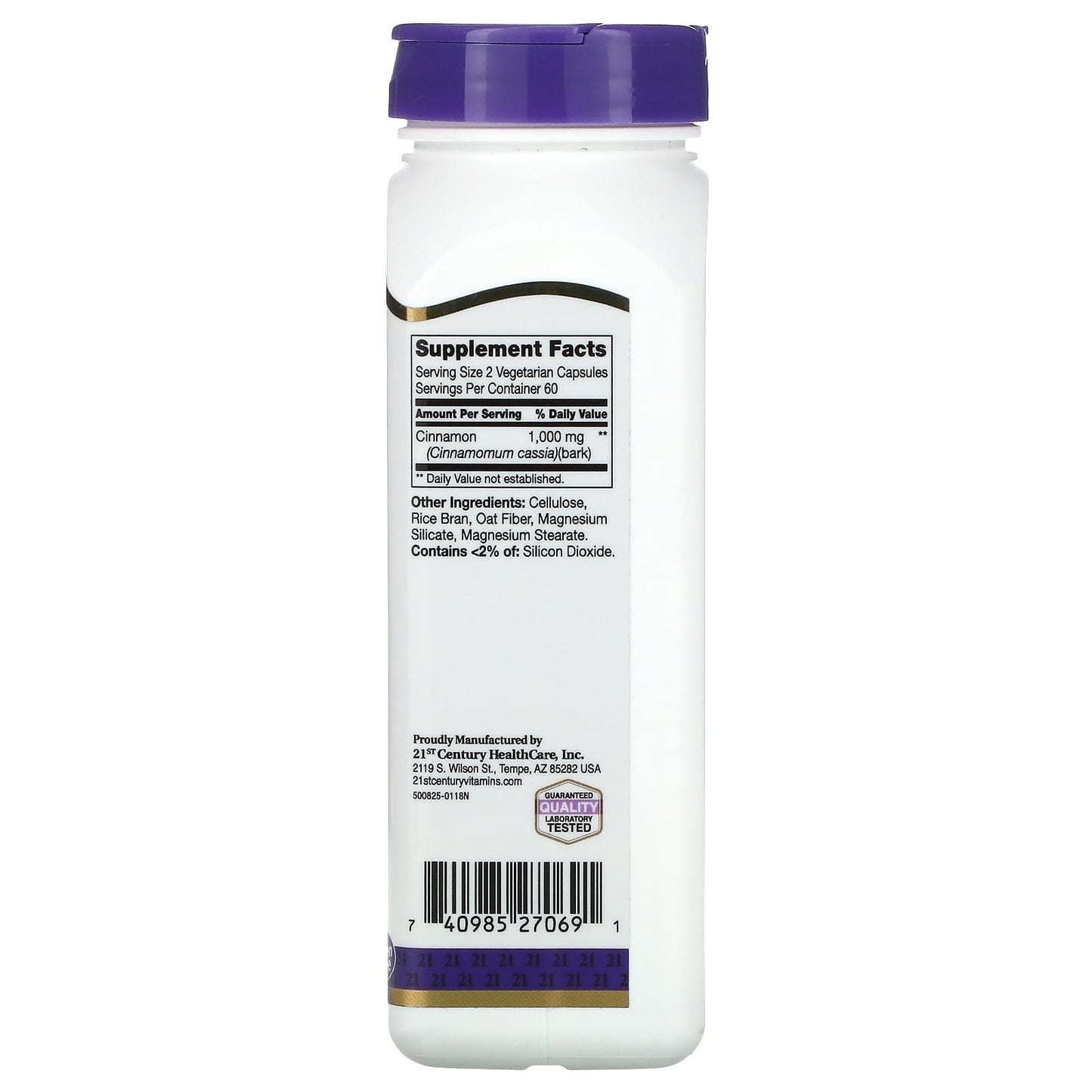 Supplement bottle with purple cap and label on a white background