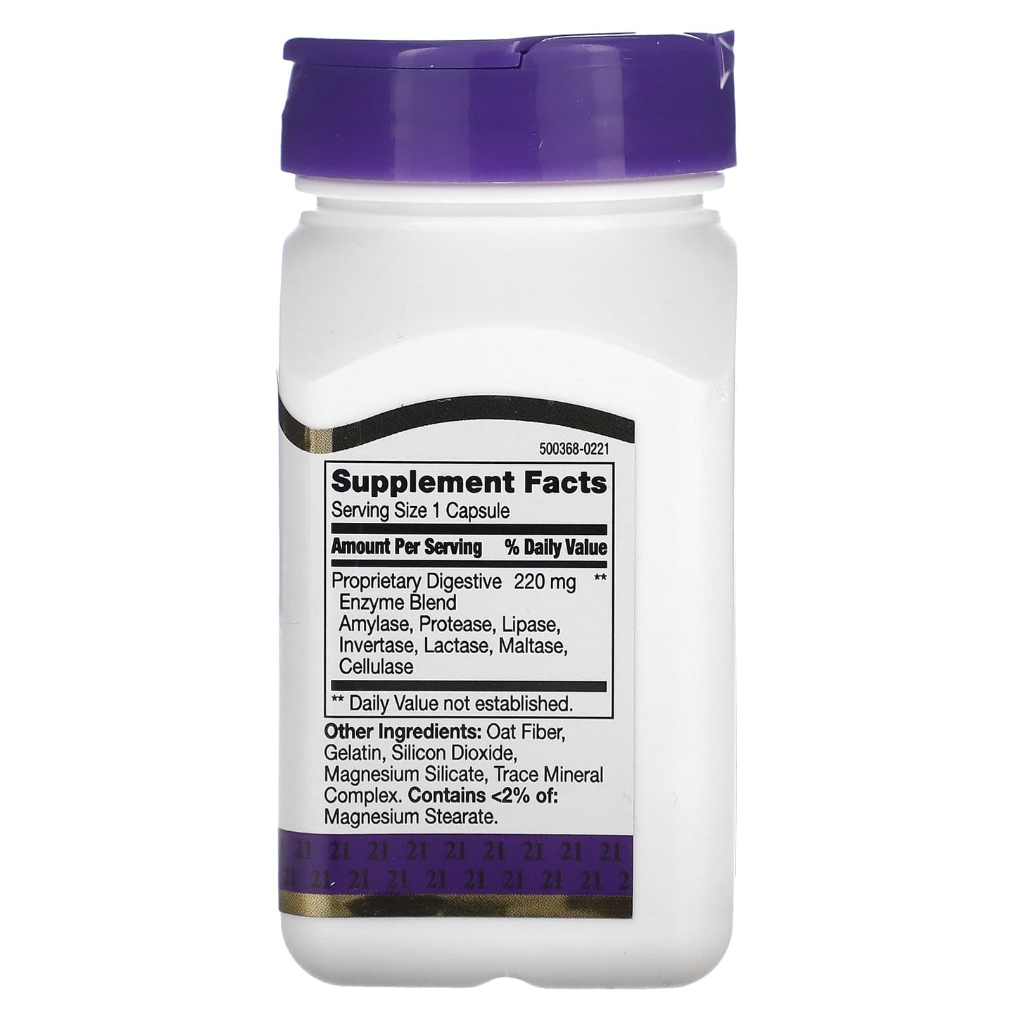 Supplement bottle with purple cap and label on a white background