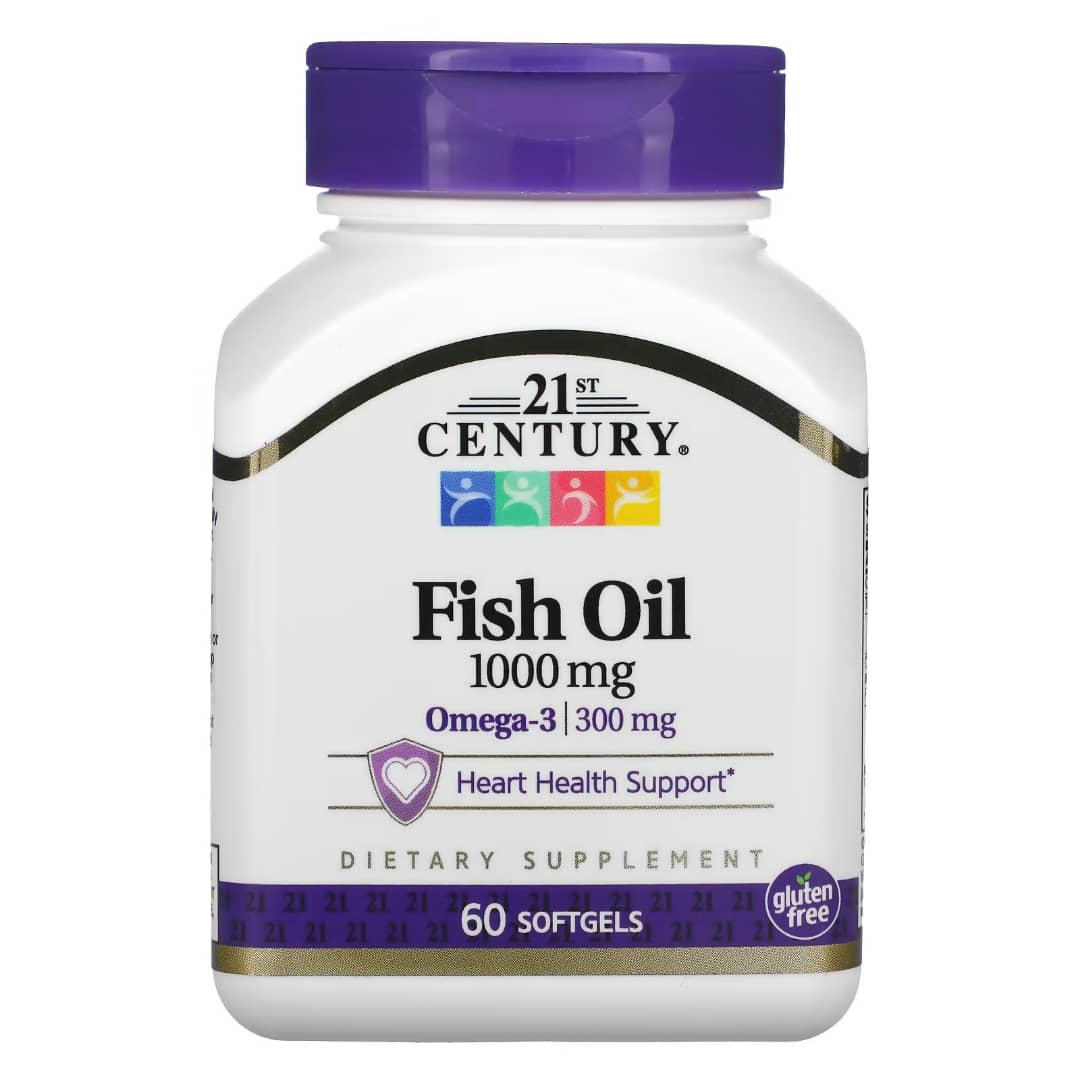 Bottle of 21st Century Fish Oil supplement on a white background