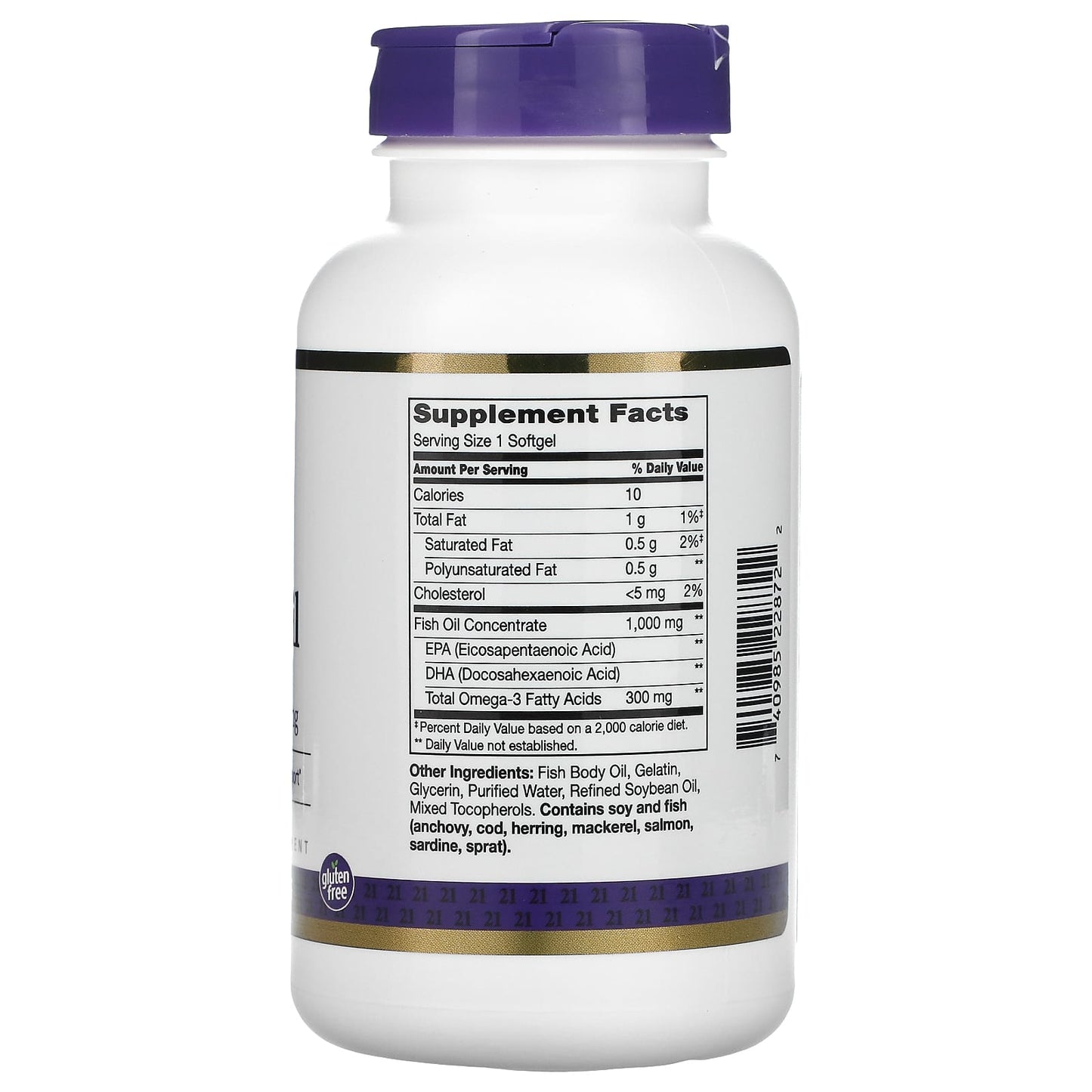 Supplement bottle with purple cap and label on a white background