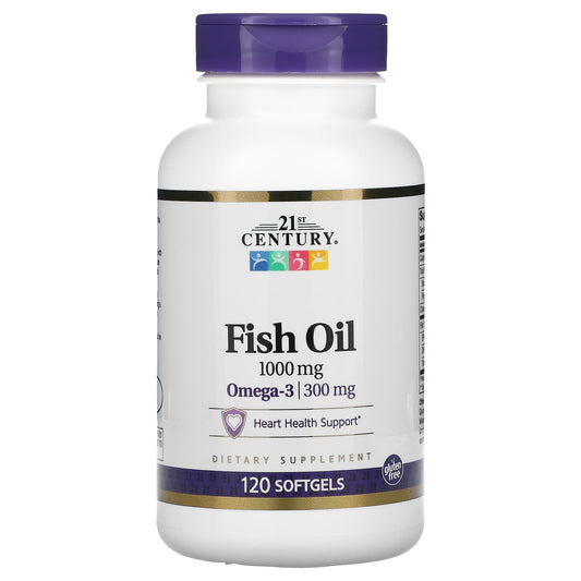 Bottle of 21st Century Fish Oil supplement on a white background