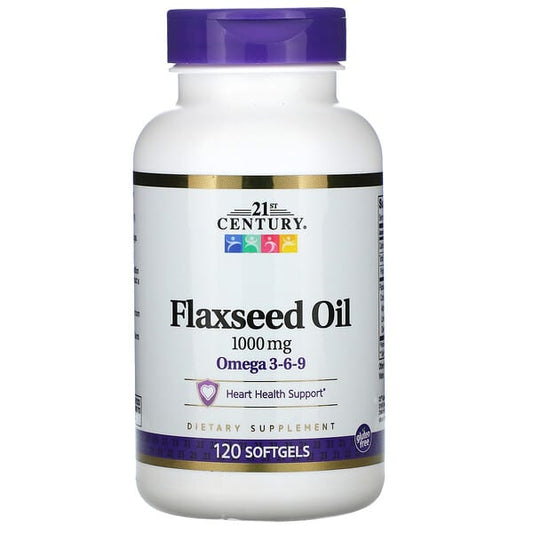 Bottle of 21st Century Flaxseed Oil supplement on a white background