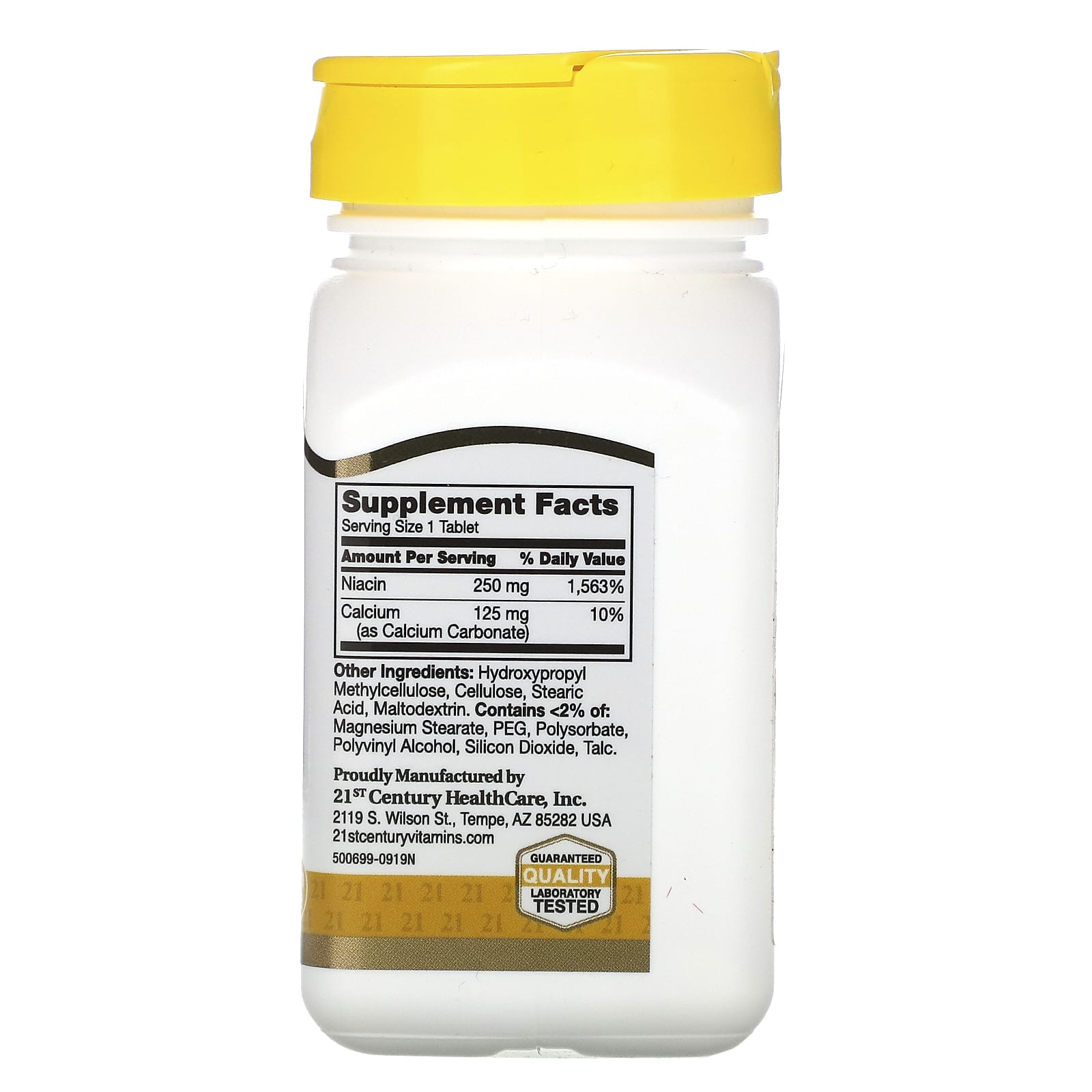 Supplement bottle with yellow cap and label on a white background