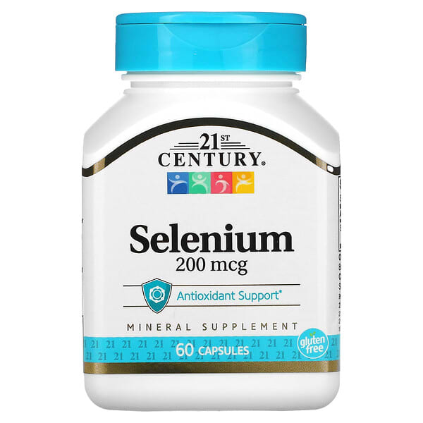 Supplement bottle labeled '21st Century Selenium 200 mcg' on a white background