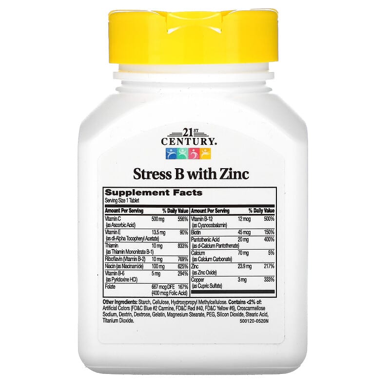 Supplement bottle labeled 'Stress B with Zinc' by 21st Century on a white background