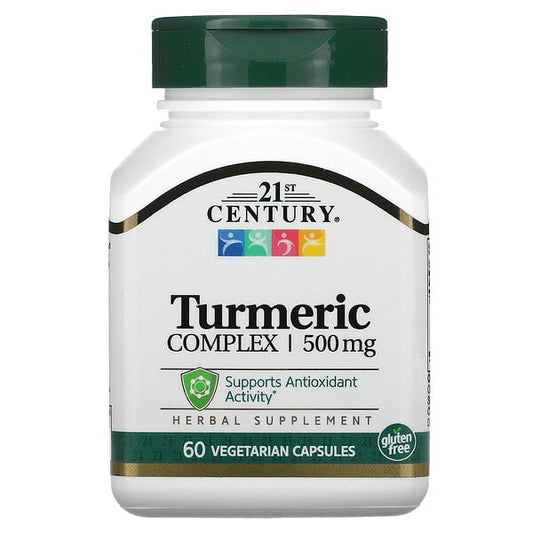 Supplement bottle labeled '21st Century Turmeric Complex 500 mg' on a white background