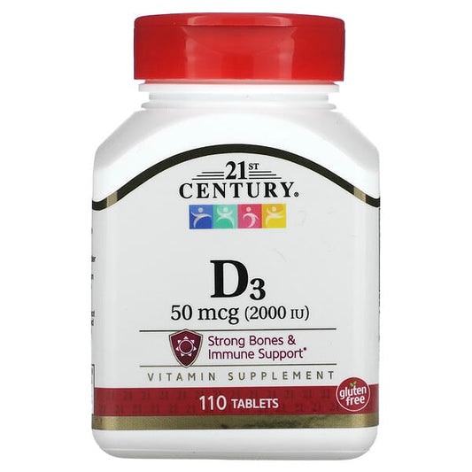 21st Century D3 vitamin supplement bottle with red cap on a white background
