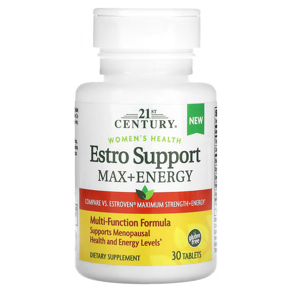 Supplement bottle labeled '21st Century Women's Health Estro Support Max+Energy' on a white background