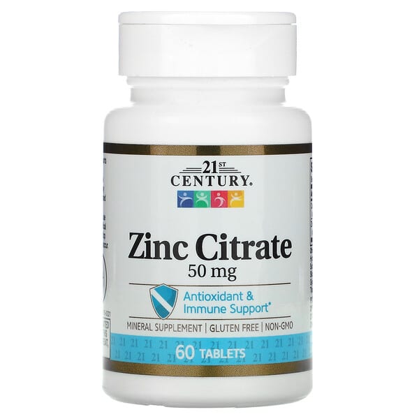 Bottle of 21st Century Zinc Citrate supplement on a white background