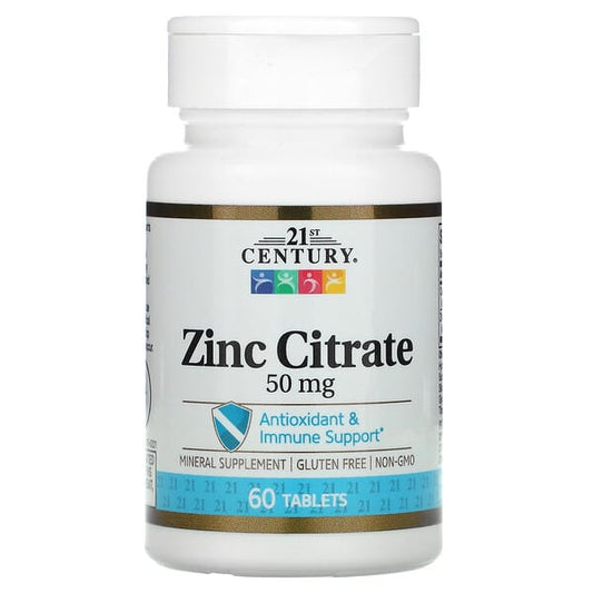 Bottle of 21st Century Zinc Citrate supplement on a white background