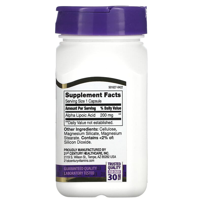 Supplement bottle labeled 'Alpha Lipoic Acid 200 mg' by 21st Century on a white background