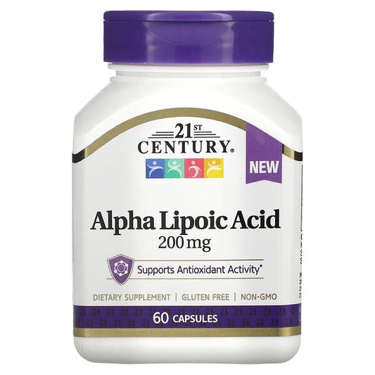 Supplement bottle labeled 'Alpha Lipoic Acid 200 mg' by 21st Century on a white background
