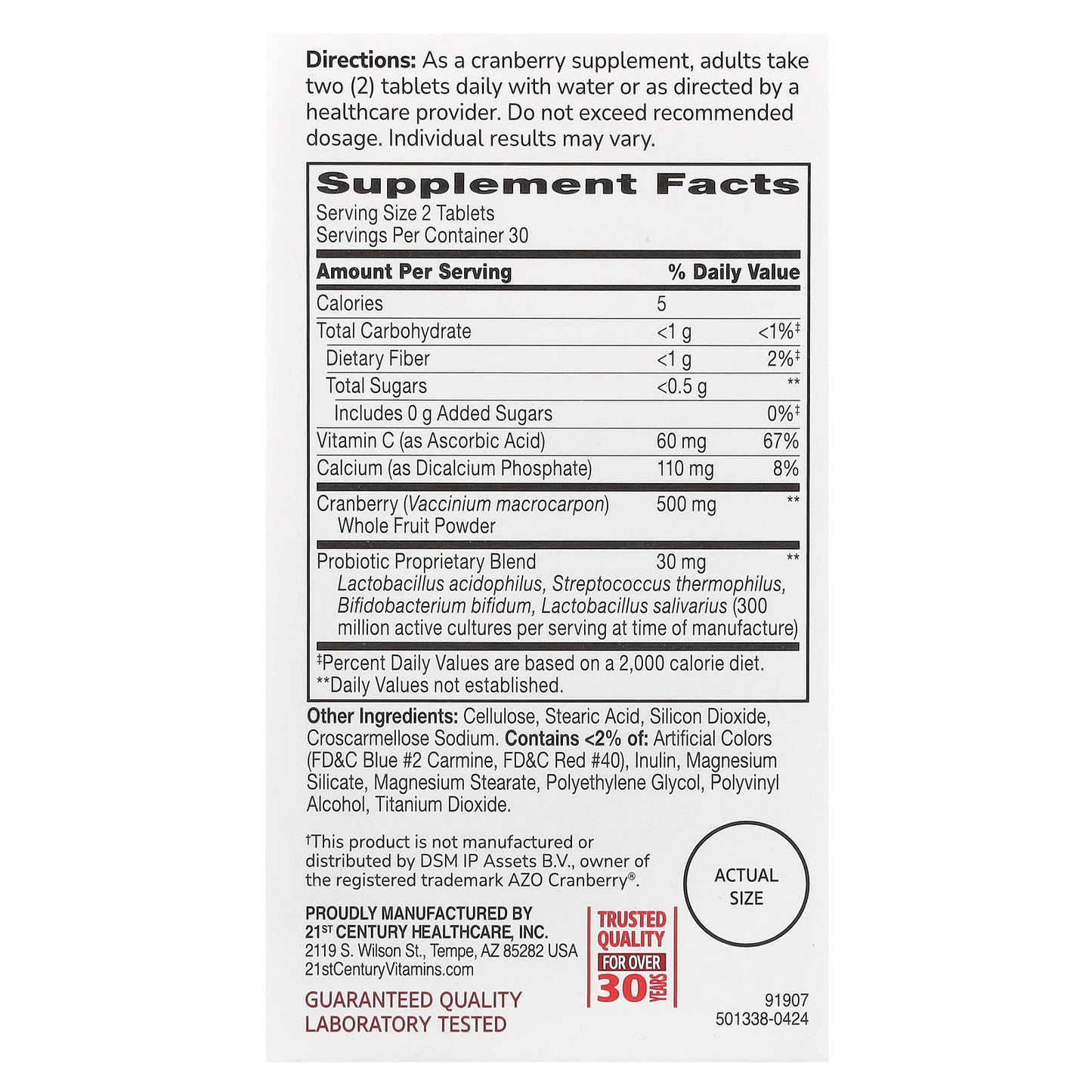 Supplement label with detailed nutritional information and directions on a white background