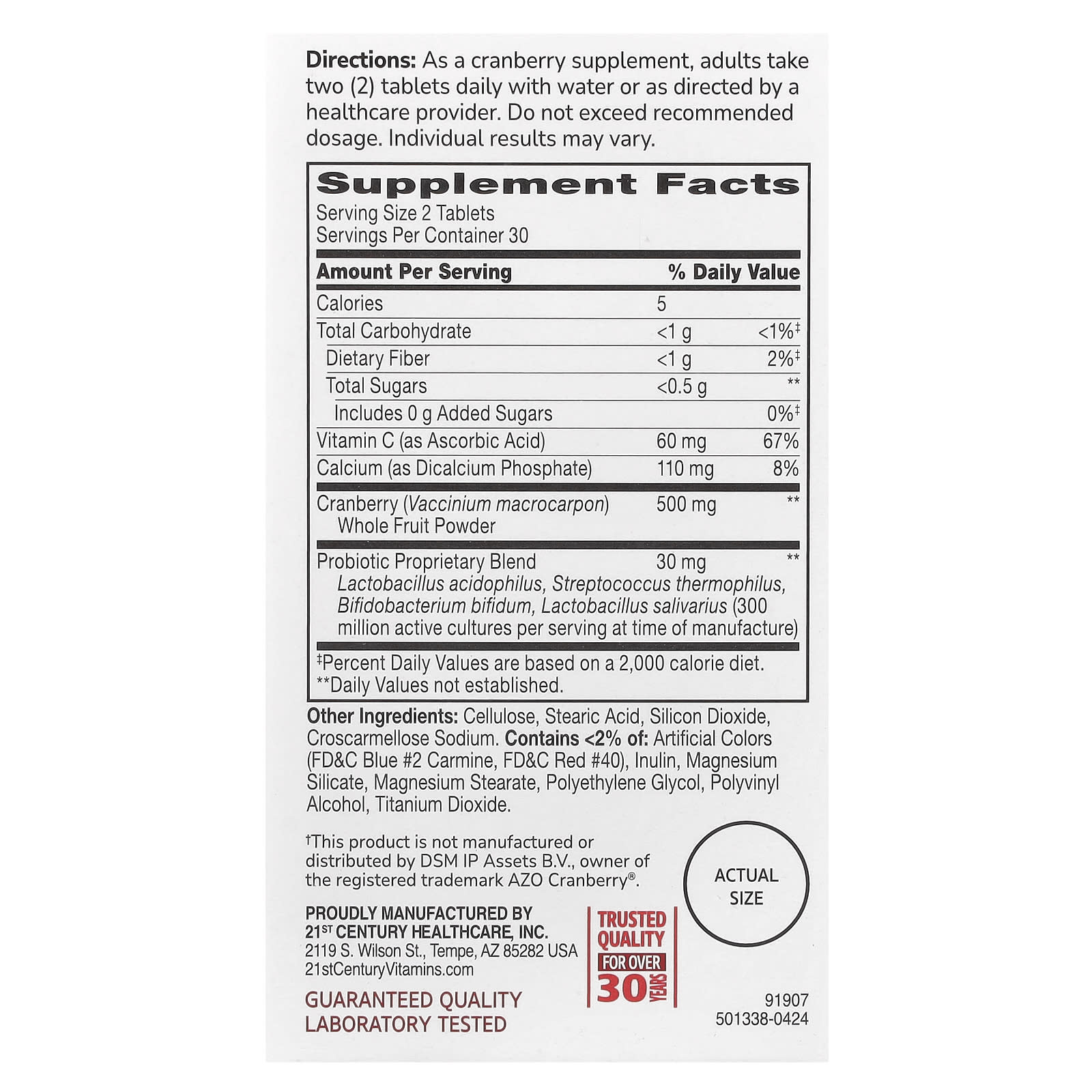 Supplement label with detailed nutritional information and directions on a white background