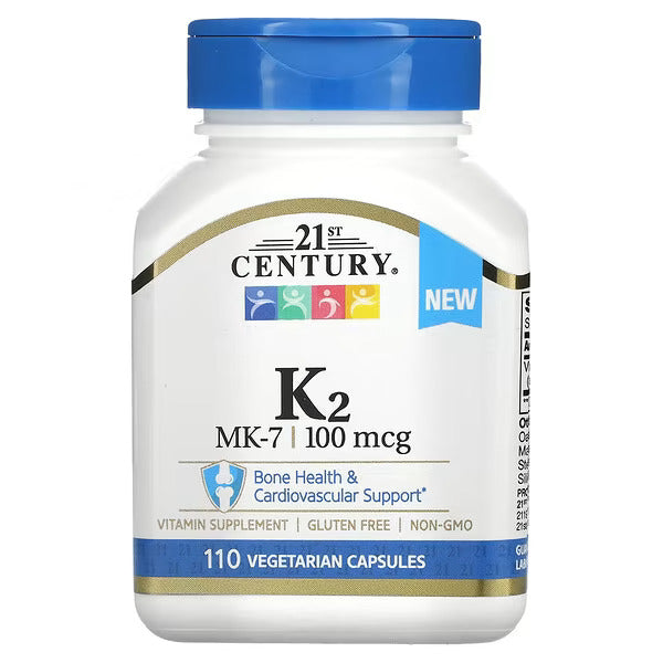 Vitamin supplement bottle labeled '21st Century K2 MK-7 100 mcg' on a white background