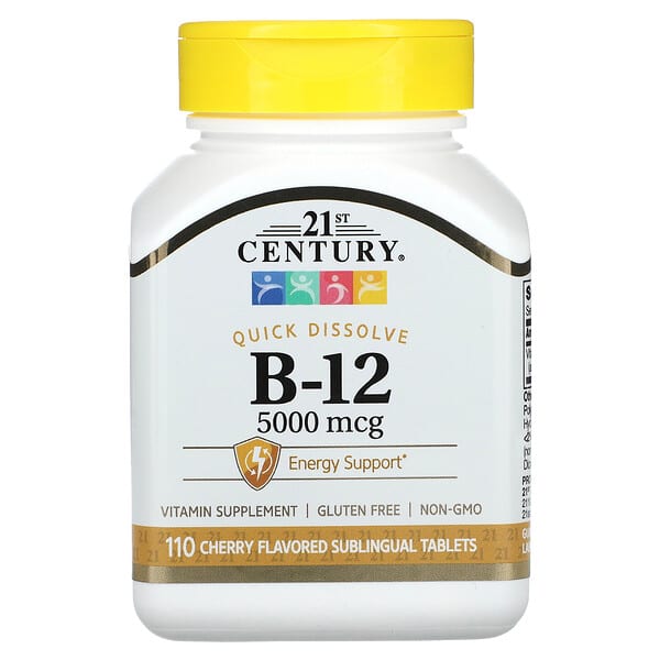 B-12 supplement bottle with yellow cap and white label on a white background