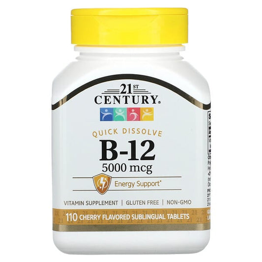 B-12 supplement bottle with yellow cap and white label on a white background