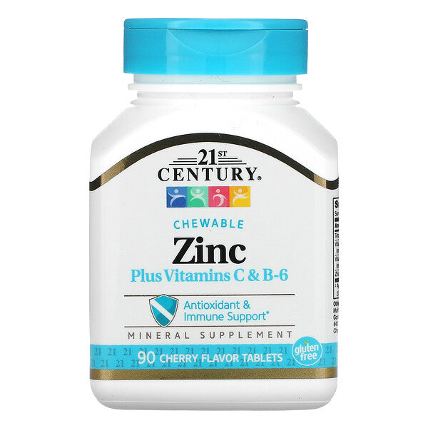 Bottle of 21st Century Zinc chewable supplement with vitamins C & B-6 on a white background