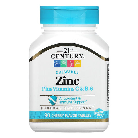 Bottle of 21st Century Zinc chewable supplement with vitamins C & B-6 on a white background