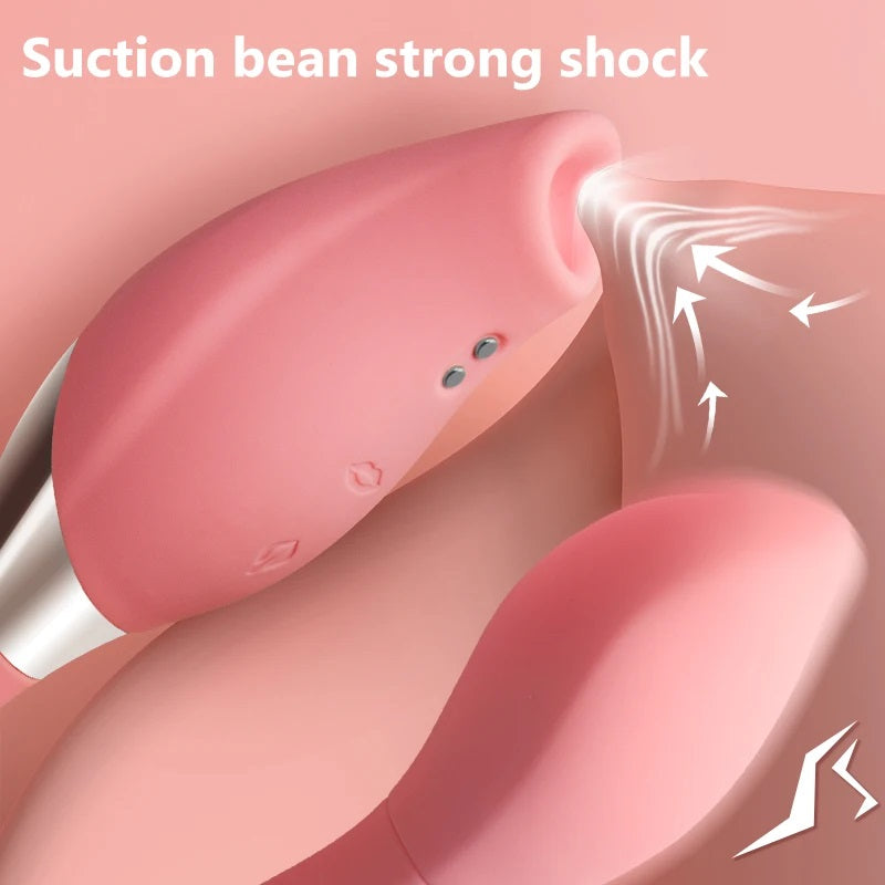 Pink suction device with text 'Suction bean strong shock' on a pink background